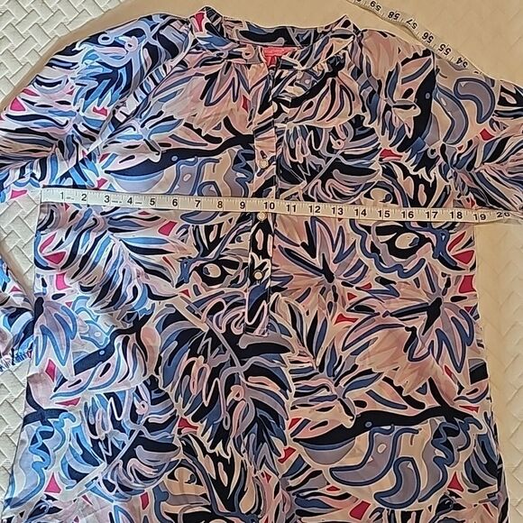 Simply Southern -671 Peasant Blouse Palm Leaves Long Sleeve Pink Blue Size Small - Picture 6 of 7